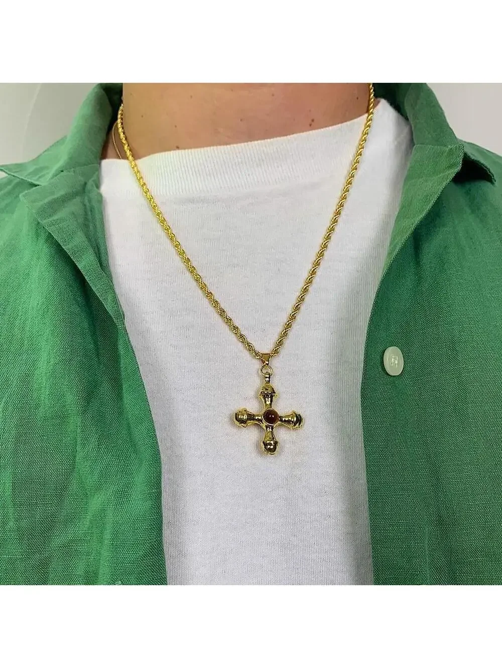 Y2k 2000s style Cyber Star Cross Pendant Gold Rope Chain Necklace. Stainless